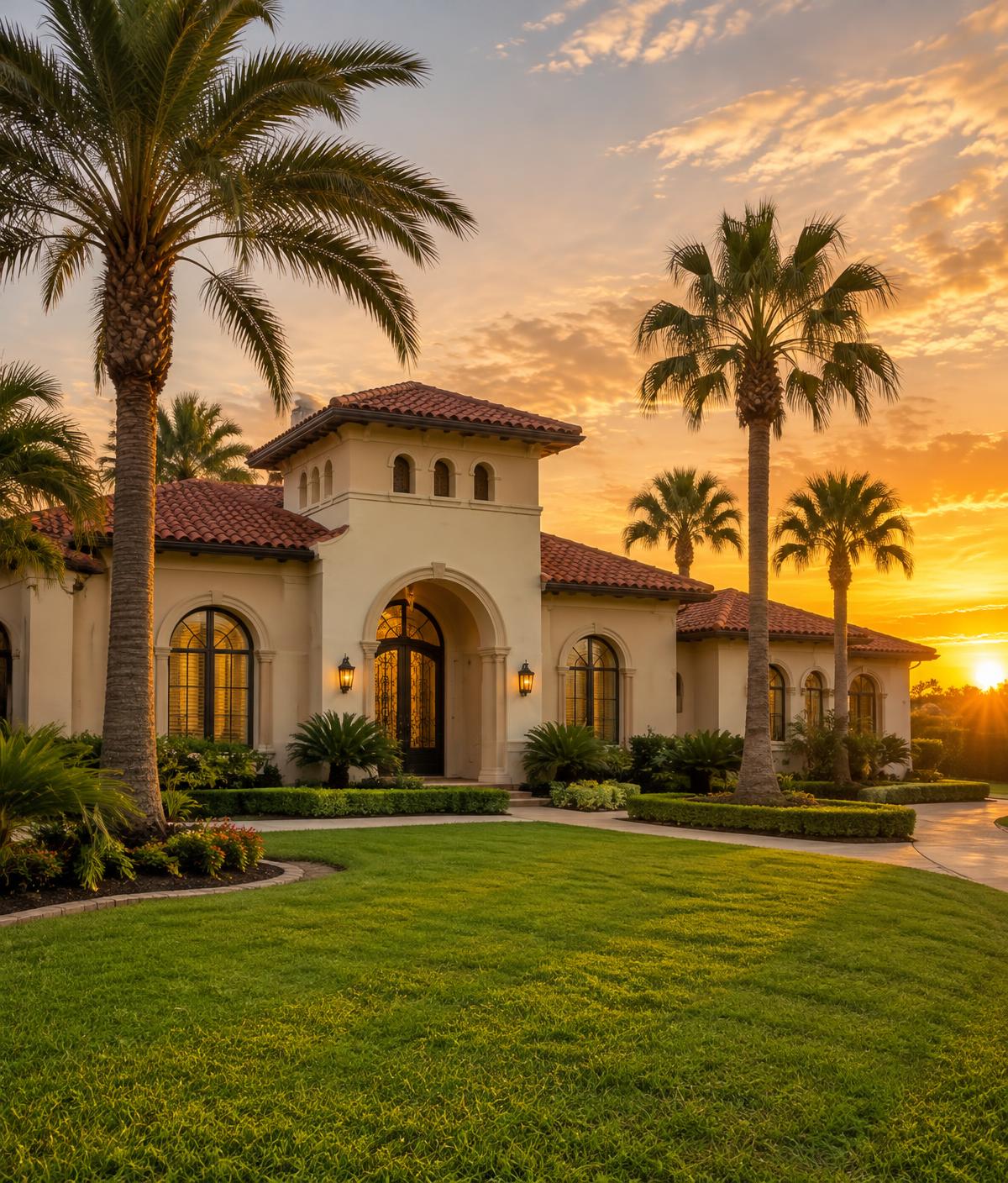 Spanish-style Valley home with palms at golden hour